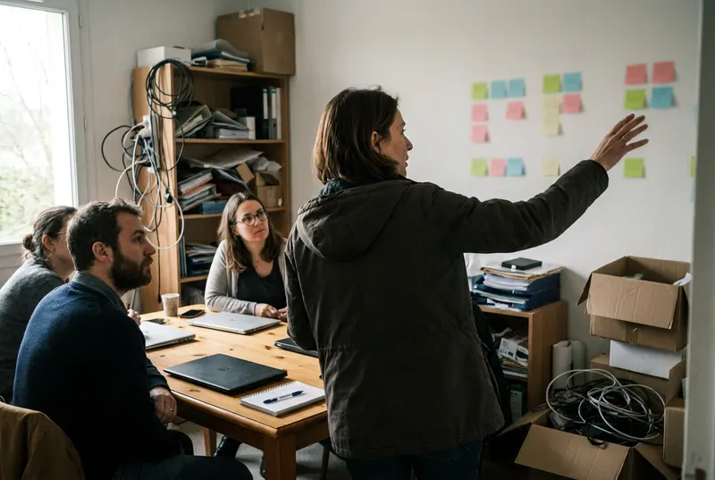 Consultante animant un atelier de cartographie au post-it dans une salle de réunion de PME